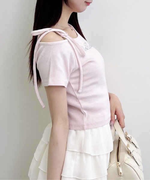 INGNI(イング)の「ワンショル肩リボンロゴリブトップス(Tシャツ/カットソー・レディース・ライトピンク/ブラック/オフホワイト・M)」の21枚目の写真