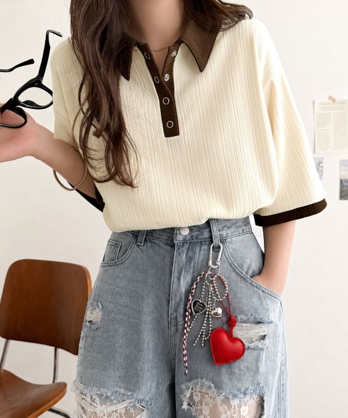 シルクタッチコットンレーストリムコンパクトTシャツ（Tシャツ