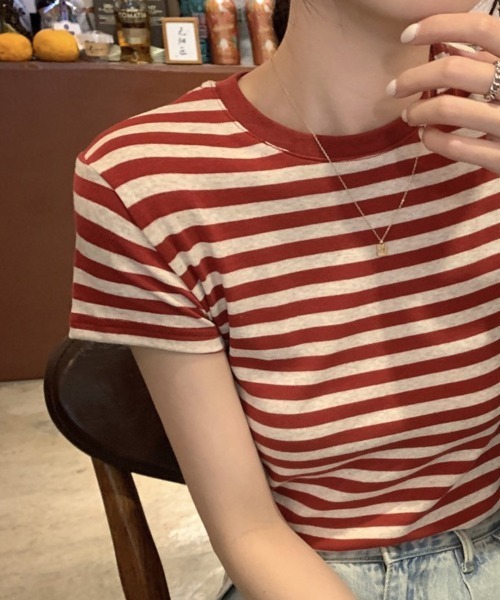 mielu(ミエル)の「ボーダーベーシックTシャツ(Tシャツ/カットソー・レディース・レッド/ブラック・LARGE/MEDIUM)」の8枚目の写真