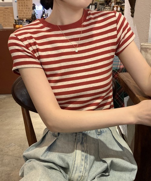 mielu(ミエル)の「ボーダーベーシックTシャツ(Tシャツ/カットソー・レディース・レッド/ブラック・LARGE/MEDIUM)」の9枚目の写真