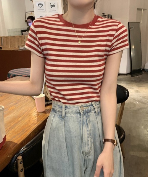 mielu(ミエル)の「ボーダーベーシックTシャツ(Tシャツ/カットソー・レディース・レッド/ブラック・LARGE/MEDIUM)」の10枚目の写真