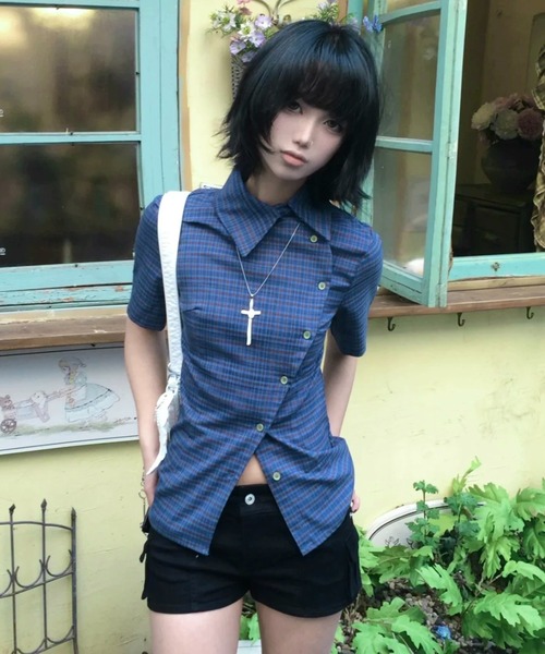 almo(アルモ)の「【LAMPOON】チェックアシンメトリーブラウス(シャツ/ブラウス・レディース・ブルー・LARGE/MEDIUM/SMALL)」の5枚目の写真
