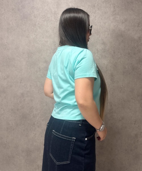 SMILE LAND(スマイルランド)の「【maryさんコラボ】ロゴ刺しゅうVネックチェーンTシャツ<大きいサイズ有>(Tシャツ/カットソー・レディース・ミント/ホワイト・3L/LL/L/M)」の4枚目の写真