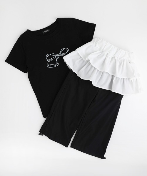 URBAN CHERRY（アーバンチェリー）の「【2点セット】リボンプリントクロップドTシャツ＋フリルドッキングパンツ（Tシャツ/カットソー・キッズ・ブラック・110cm/120cm/130cm）」の10枚目の写真