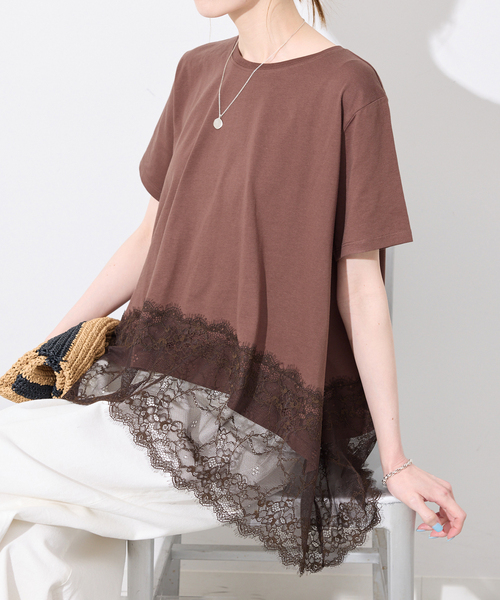 SLOBE IENA(スローブイエナ)の「《シリーズあり》レースコンビハーフスリーブカットソー(Tシャツ/カットソー・レディース・ブラウン/ホワイト/ブラック・FREE)」の3枚目の写真