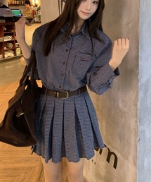 チェックシャツワンピース レディース ミニ丈 長袖 ベルト付き プリーツ