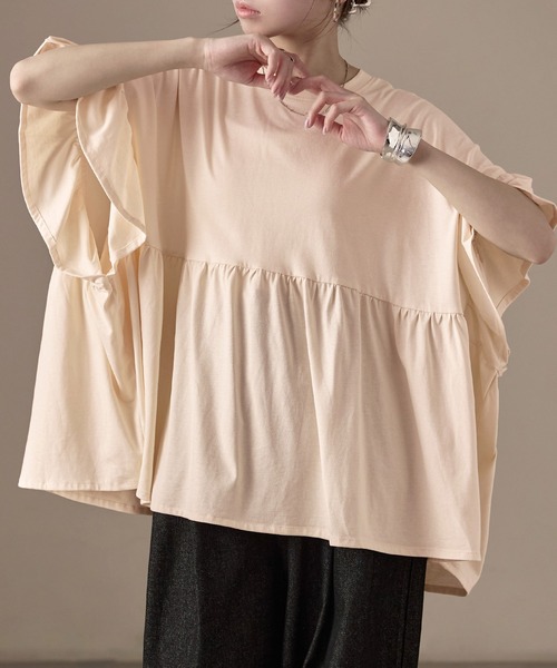Fashion Letter(ファッションレター)の「接触冷感 フリルスリーブ ワイドチュニックTシャツ(Tシャツ/カットソー・レディース・アイボリー/チャコール/ブラック・M)」の1枚目の写真