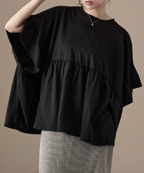 Fashion Letter(ファッションレター)の「接触冷感 フリルスリーブ ワイドチュニックTシャツ(Tシャツ/カットソー・レディース・アイボリー/チャコール/ブラック・M)」の2枚目の写真