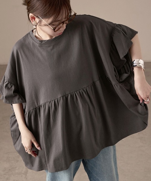 Fashion Letter(ファッションレター)の「接触冷感 フリルスリーブ ワイドチュニックTシャツ(Tシャツ/カットソー・レディース・アイボリー/チャコール/ブラック・M)」の4枚目の写真