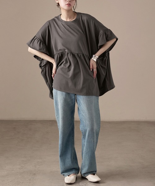 Fashion Letter(ファッションレター)の「接触冷感 フリルスリーブ ワイドチュニックTシャツ(Tシャツ/カットソー・レディース・アイボリー/チャコール/ブラック・M)」の6枚目の写真