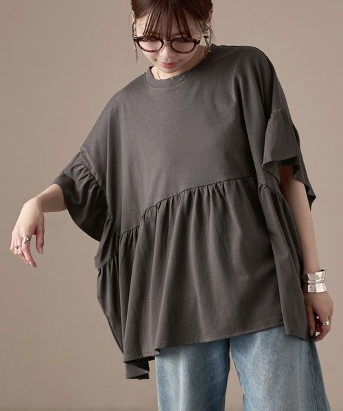 Fashion Letter(ファッションレター)の「接触冷感 フリルスリーブ ワイドチュニックTシャツ(Tシャツ/カットソー・レディース・アイボリー/チャコール/ブラック・M)」の7枚目の写真