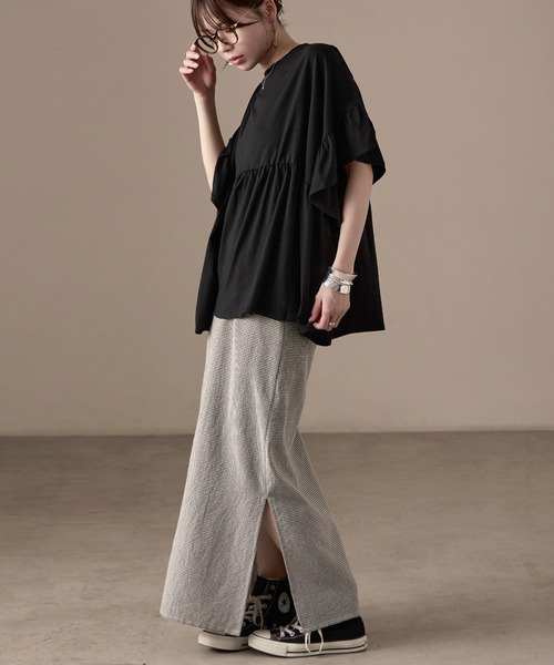Fashion Letter(ファッションレター)の「接触冷感 フリルスリーブ ワイドチュニックTシャツ(Tシャツ/カットソー・レディース・アイボリー/チャコール/ブラック・M)」の17枚目の写真