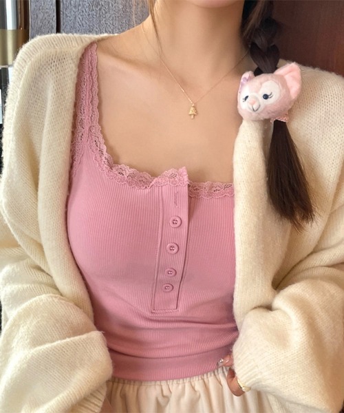 ReRe(リリ)の「レーストリムフロントボタンリブキャミソール(キャミソール・レディース・ホワイト/ブラック/ベージュ/グレー/ピンク・FREE)」の5枚目の写真