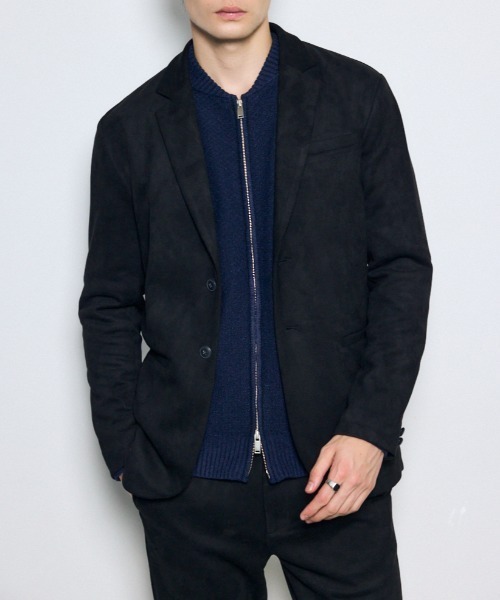 AZUL by moussy(アズールバイマウジー)の「【セットアップ対応】薄手フェイクスエードジャケット 秋服 冬服 長袖 タイトシルエット 細見え(テーラードジャケット・メンズ・ブラック/グレー/ダークブラウン・LARGE/MEDIUM)」の1枚目の写真