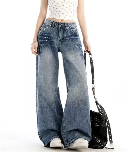 FREE STYLISTS(フリー スタイリスト)の「リベットデザインワイドストレートシルエットデニムパンツ(デニムパンツ・レディース・ブルー・XS/S/M/L/3XL/4XL)」の4枚目の写真
