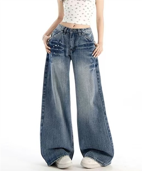 FREE STYLISTS(フリー スタイリスト)の「リベットデザインワイドストレートシルエットデニムパンツ(デニムパンツ・レディース・ブルー・XS/S/M/L/3XL/4XL)」の3枚目の写真