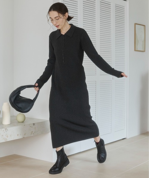 ANGIE(アンジー)の「ポロ襟 ミニケーブル ニットワンピース / 長袖 / 秋服 / 冬服(ワンピース・レディース・チャコール/杢グレー/ブラウン・FREE)」の5枚目の写真