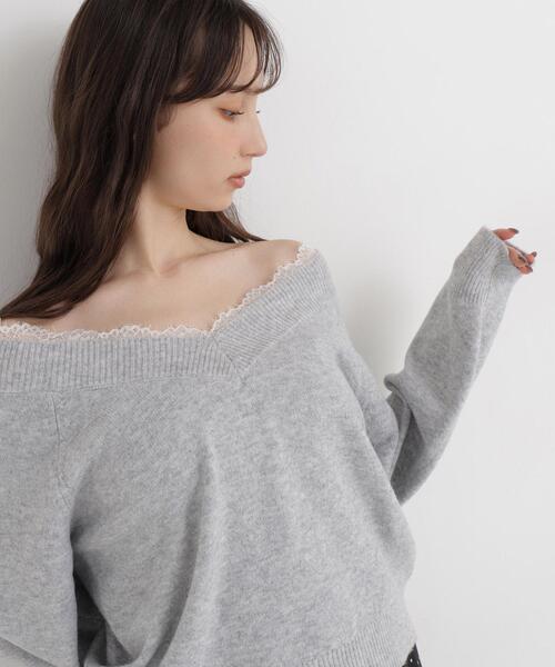 NATURAL BEAUTY BASIC(ナチュラルビューティーベーシック)の「レースVネックニット(ニット/セーター・レディース・グレー/ブルー/イエロー・FREE)」の8枚目の写真