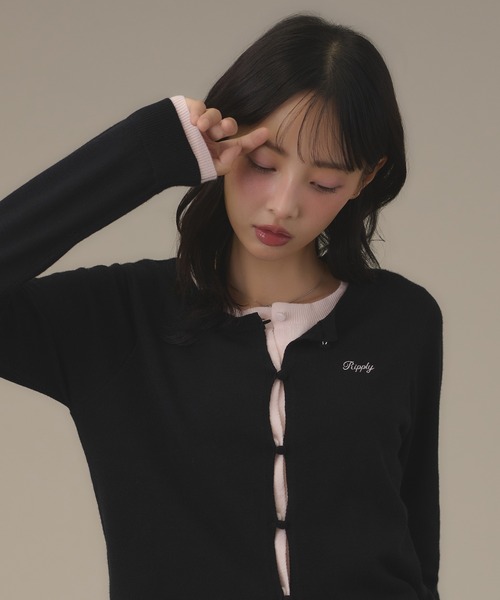 apres jour mignon(アプレジュールミニョン)の「フェイクレイヤードカーデ(カーディガン/ボレロ・レディース・チャコールグレー/イエロー/ピンク/グリーン/ブラウン系その他/ブラック・フリー/LARGE)」の2枚目の写真
