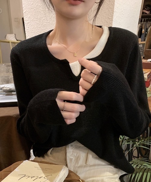 NANEA（ナネア）の「スリットヘンリーニットプルオーバー（ニット/セーター・レディース・ブラック/ベージュ/ブラウン/グレー・フリー）」の5枚目の写真