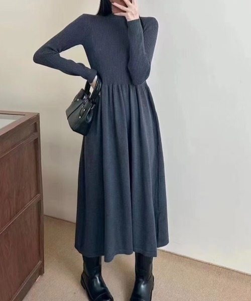 FLINEA（フリネア）の「ハーフネック長袖ニットワンピース（ワンピース・レディース・アイボリー/ブラック/ベージュ/ダークグレー・FREE）」の3枚目の写真