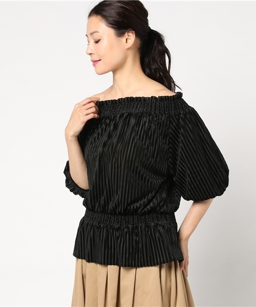 VENCEEXCHANGE（ヴァンスエクスチェンジ）の「ストライプベロアオフショルダー                 （Tシャツ/カットソー・レディース・ブラック/ピンク・MEDIUM）」の12枚目の写真