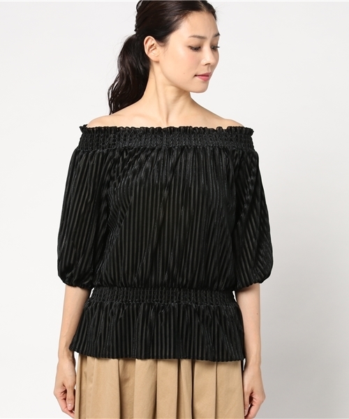 VENCEEXCHANGE（ヴァンスエクスチェンジ）の「ストライプベロアオフショルダー                 （Tシャツ/カットソー・レディース・ブラック/ピンク・MEDIUM）」の3枚目の写真