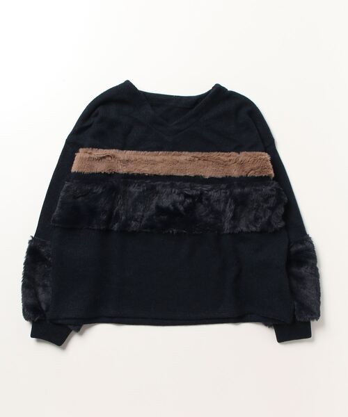STYLEBLOCK(スタイルブロック)の「サカリバ起毛×フェイクファー切り替えVネックカットソー(Tシャツ/カットソー・レディース・ネイビー/グレー/アイボリー/モカ/ブラック・M)」の5枚目の写真