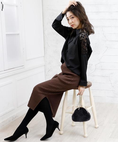 Girly Doll（ガーリードール）の「ハイウエスト スリット リブ ニットスカート（スカート・レディース・ライトグレー/ブラック/ネイビー/カーキ/キャメル/ダークグレー/ボルドー/ブラウン・M/L）」の15枚目の写真