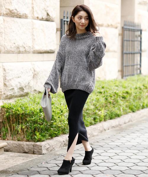 Girly Doll（ガーリードール）の「ハイウエスト スリット リブ ニットスカート（スカート・レディース・ライトグレー/ブラック/ネイビー/カーキ/キャメル/ダークグレー/ボルドー/ブラウン・M/L）」の9枚目の写真