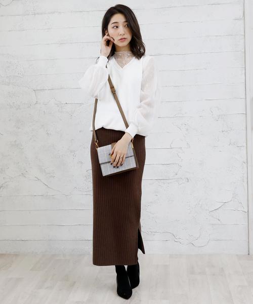 Girly Doll（ガーリードール）の「ハイウエスト スリット リブ ニットスカート（スカート・レディース・ライトグレー/ブラック/ネイビー/カーキ/キャメル/ダークグレー/ボルドー/ブラウン・M/L）」の12枚目の写真