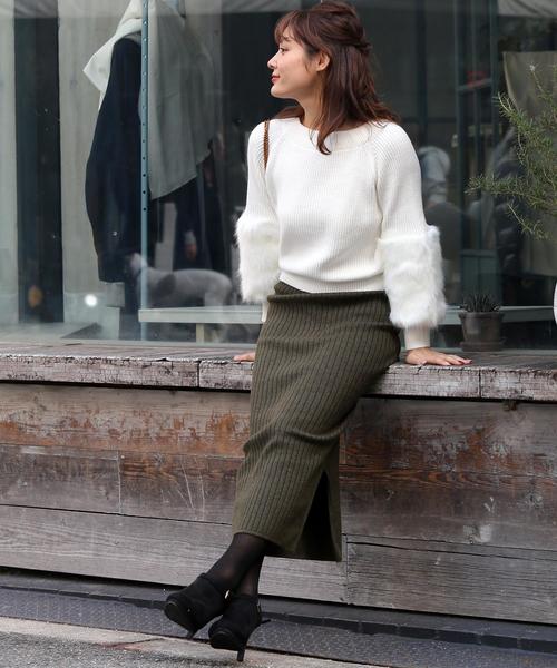 Girly Doll（ガーリードール）の「ハイウエスト スリット リブ ニットスカート（スカート・レディース・ライトグレー/ブラック/ネイビー/カーキ/キャメル/ダークグレー/ボルドー/ブラウン・M/L）」の14枚目の写真