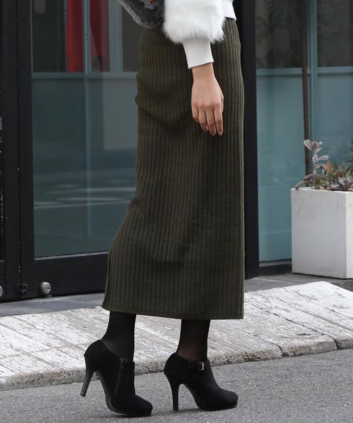 Girly Doll（ガーリードール）の「ハイウエスト スリット リブ ニットスカート（スカート・レディース・ライトグレー/ブラック/ネイビー/カーキ/キャメル/ダークグレー/ボルドー/ブラウン・M/L）」の17枚目の写真
