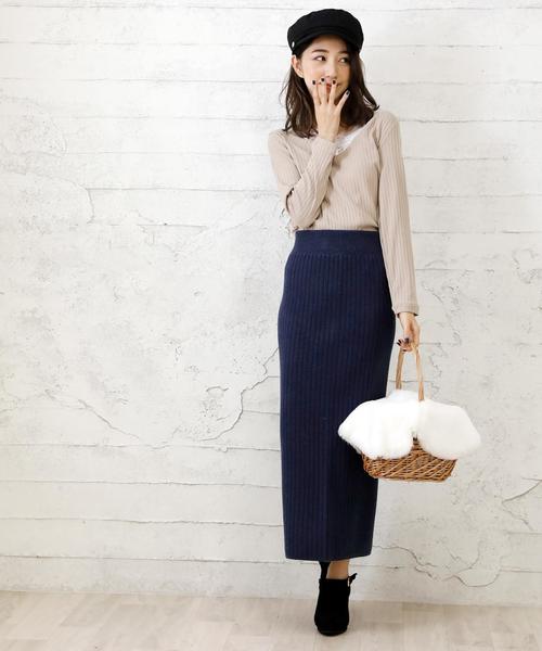 Girly Doll（ガーリードール）の「ハイウエスト スリット リブ ニットスカート（スカート・レディース・ライトグレー/ブラック/ネイビー/カーキ/キャメル/ダークグレー/ボルドー/ブラウン・M/L）」の19枚目の写真