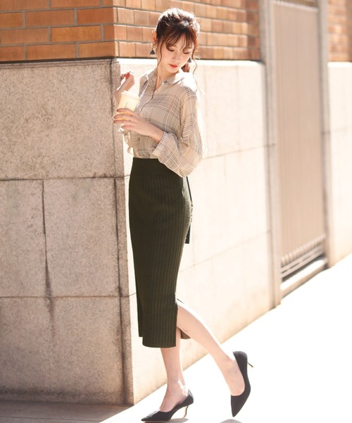 Girly Doll（ガーリードール）の「ハイウエスト スリット リブ ニットスカート（スカート・レディース・ライトグレー/ブラック/ネイビー/カーキ/キャメル/ダークグレー/ボルドー/ブラウン・M/L）」の6枚目の写真