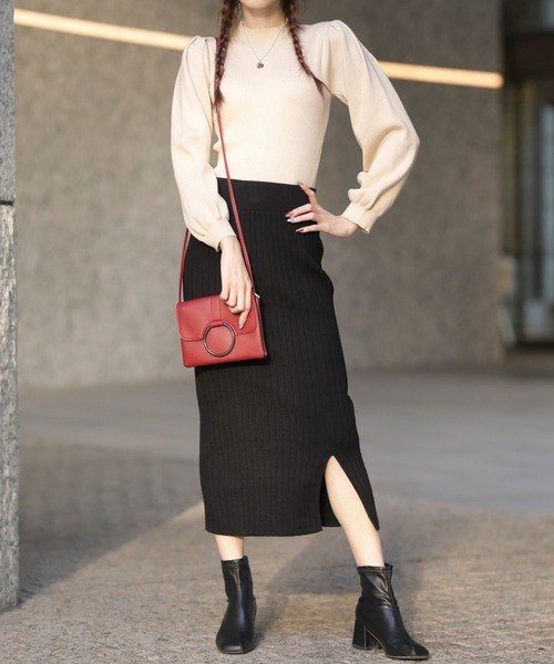 Girly Doll（ガーリードール）の「ハイウエスト スリット リブ ニットスカート（スカート・レディース・ライトグレー/ブラック/ネイビー/カーキ/キャメル/ダークグレー/ボルドー/ブラウン・M/L）」の2枚目の写真