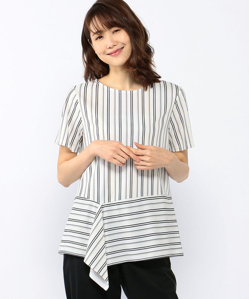 A/C DESIGN BY ALPHA CUBIC(エーシーデザインバイアルファキュービック)の「ストライプチュニック(Tシャツ/カットソー・レディース・ブラック/ネイビー/オフホワイト・M size/L size)」の2枚目の写真