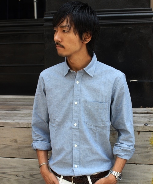 JOURNAL STANDARD（ジャーナルスタンダード）の「レザーパイピングシャンブレーレギュラーカラーシャツ #●（シャツ/ブラウス・メンズ・ホワイト/ブルー/ネイビー・MEDIUM/SMALL/LARGE）」の12枚目の写真