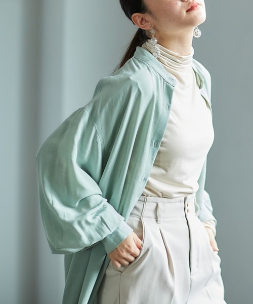 cepo（セポ）の「バンドカラー とろみルーズシャツワンピース（シャツワンピース・レディース・ベージュ/オフホワイト/ミント・M）」の6枚目の写真