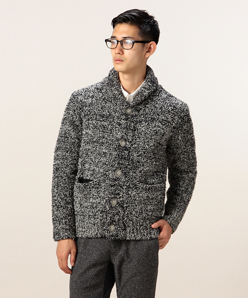 ROSE BUD COUPLES （ローズ バッド カップルズ）の「【Fine掲載】ポリエステルパイル ショールカラー ニット カーディガン（カーディガン/ボレロ・メンズ・ブラックミックス/ブルー系その他/カモフラージュ・MEDIUM/LARGE）」の2枚目の写真