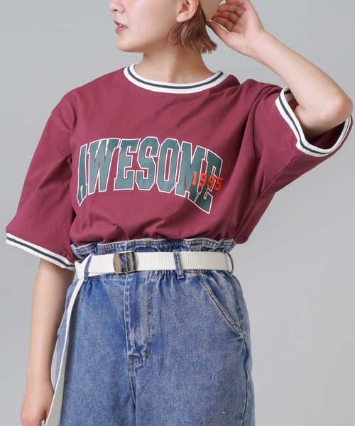 SPINNS（スピンズ）の「【ゆるシルエット】リブラインカレッジロゴ半袖Tシャツ（Tシャツ/カットソー・レディース・ホワイト/ネイビー/グリーン/ボルドー・ONESIZE）」の4枚目の写真