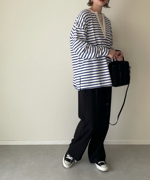 y/m by misato(イムバイミサト)の「ボーダーキーネックトップス(Tシャツ/カットソー・レディース・ブラック/ブルー・FREE)」の8枚目の写真