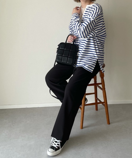 y/m by misato(イムバイミサト)の「ボーダーキーネックトップス(Tシャツ/カットソー・レディース・ブラック/ブルー・FREE)」の10枚目の写真