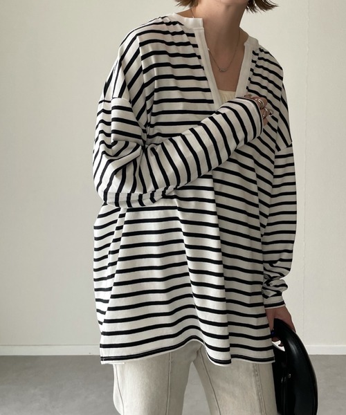 y/m by misato(イムバイミサト)の「ボーダーキーネックトップス(Tシャツ/カットソー・レディース・ブラック/ブルー・FREE)」の11枚目の写真