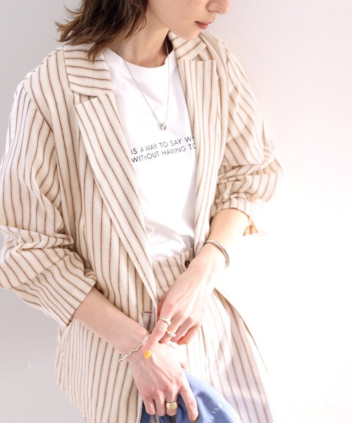 セール】大人のラフ感。レトロストライプ柄リネンライクテーラード セール】大人のラフ感。レトロストライプ柄リネンライクテーラード