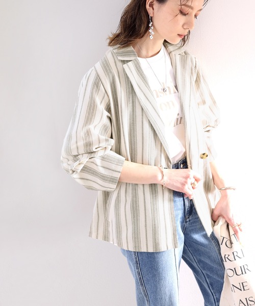 セール】大人のラフ感。レトロストライプ柄リネンライクテーラード