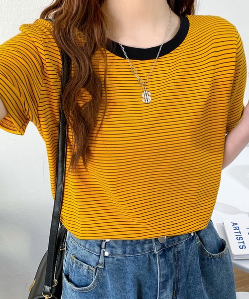 Diosfront（ディオスフロント）の「ハーフボーダー配色カットTシャツ（Tシャツ/カットソー・レディース・イエロー/ブラック/グリーン/ブルーグレー/オレンジ・M/L）」の4枚目の写真