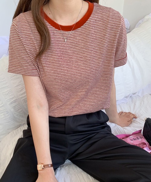 Diosfront（ディオスフロント）の「ハーフボーダー配色カットTシャツ（Tシャツ/カットソー・レディース・イエロー/ブラック/グリーン/ブルーグレー/オレンジ・M/L）」の5枚目の写真