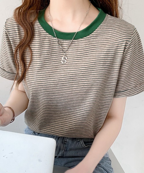 Diosfront（ディオスフロント）の「ハーフボーダー配色カットTシャツ（Tシャツ/カットソー・レディース・イエロー/ブラック/グリーン/ブルーグレー/オレンジ・M/L）」の3枚目の写真