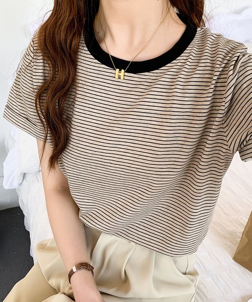 Diosfront（ディオスフロント）の「ハーフボーダー配色カットTシャツ（Tシャツ/カットソー・レディース・イエロー/ブラック/グリーン/ブルーグレー/オレンジ・M/L）」の2枚目の写真